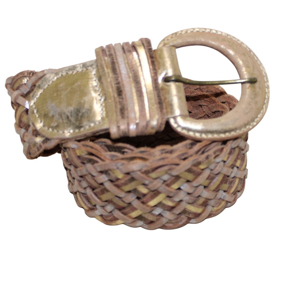 Metallic Braided Woven Leather Wide Waist Belt Womens M/L Gold Bronze Boho